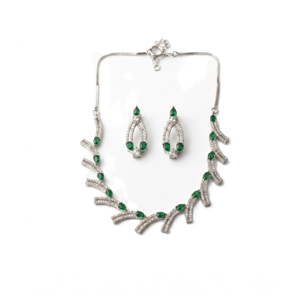 Women's Brass Silver Plated Necklace set (Green)