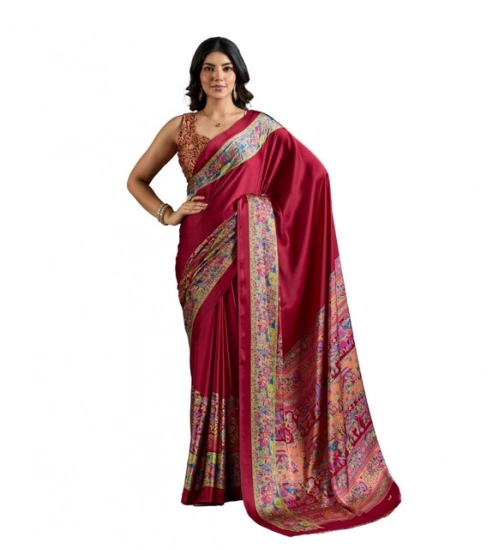 Women's Satin Crepe Printed Saree With Unstitched Blouse 5.5Mtr (Maroon)