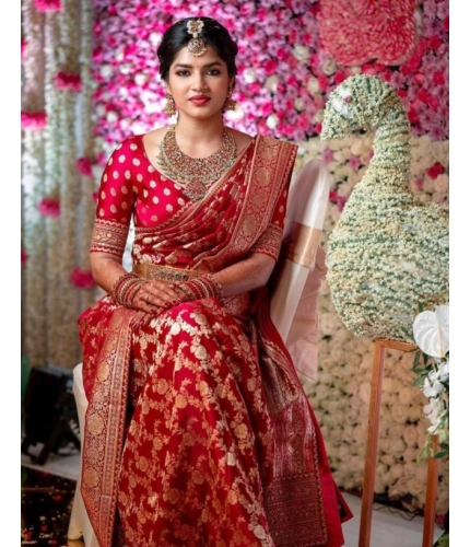 Women's Litchi silk Printed Saree With Unstitched Blouse (Red)