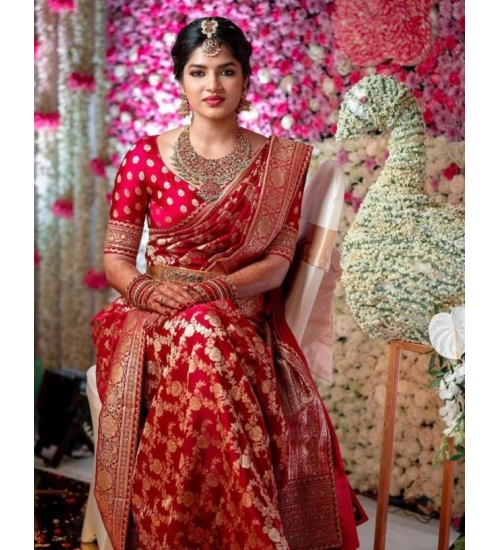 Women's Litchi silk Printed Saree With Unstitched Blouse (Red)