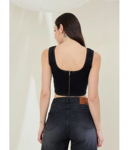 Women's Denim Lycra Solid Sleeveless Top (Black)