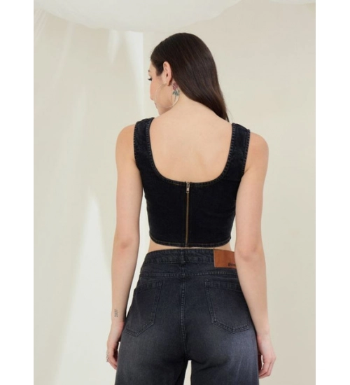 Women's Denim Lycra Solid Sleeveless Top (Black) Women's Denim Lycra Solid Sleeveless Top (Black)