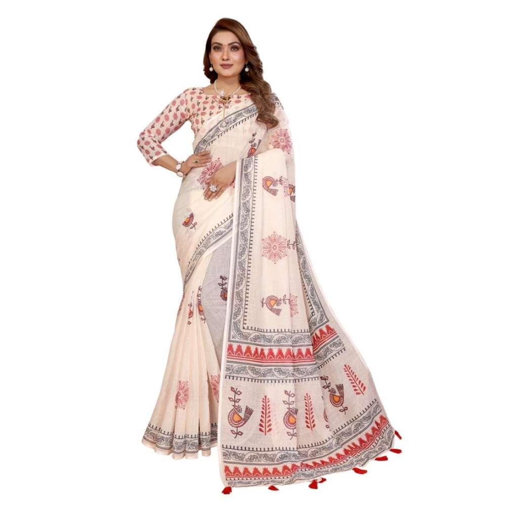 Women's Linen Cotton Printed Saree With Unstitched Blouse 5.5Mtr (Off White) Women's Linen Cotton Printed Saree With Unstitched Blouse 5.5Mtr (Off White)