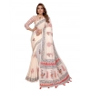 Women's Linen Cotton Printed Saree With Unstitched Blouse 5.5Mtr (Off White)