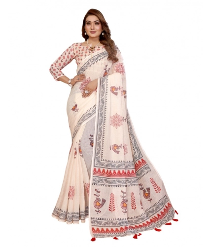 Women's Linen Cotton Printed Saree With Unstitched Blouse 5.5Mtr (Off White)