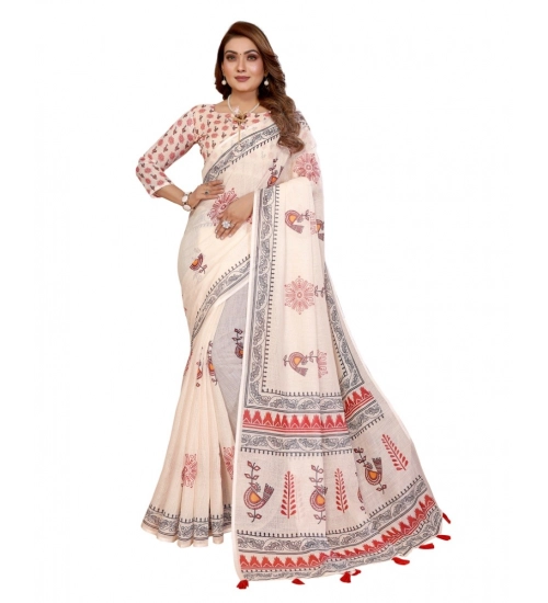 Women's Linen Cotton Printed Saree With Unstitched Blouse 5.5Mtr (Off White) Women's Linen Cotton Printed Saree With Unstitched Blouse 5.5Mtr (Off White)