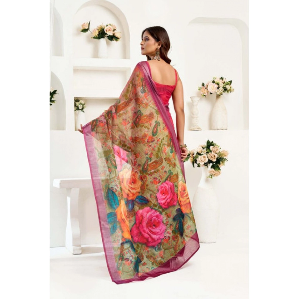 Women's Linen Cotton Printed Ready To Wear Saree With Unstitched Blouse 5.5 Mtr (Pink)