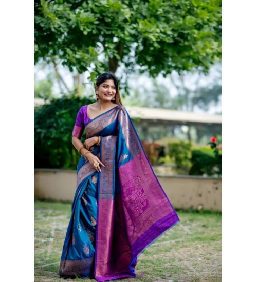 Women's Katan_Silk Zari_Weaving Saree With Unstitched Blouse 5.5Mtr (Blue)
