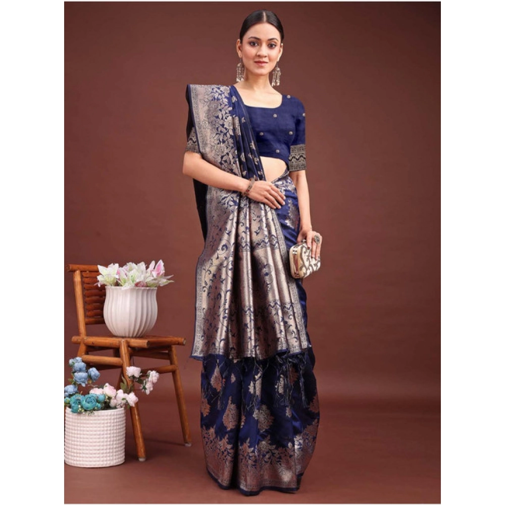 Women's Banarasi Silk Printed Saree With Unstitched Blouse 5.5Mtr (Navy Blue) Women's Banarasi Silk Printed Saree With Unstitched Blouse 5.5Mtr (Navy Blue)