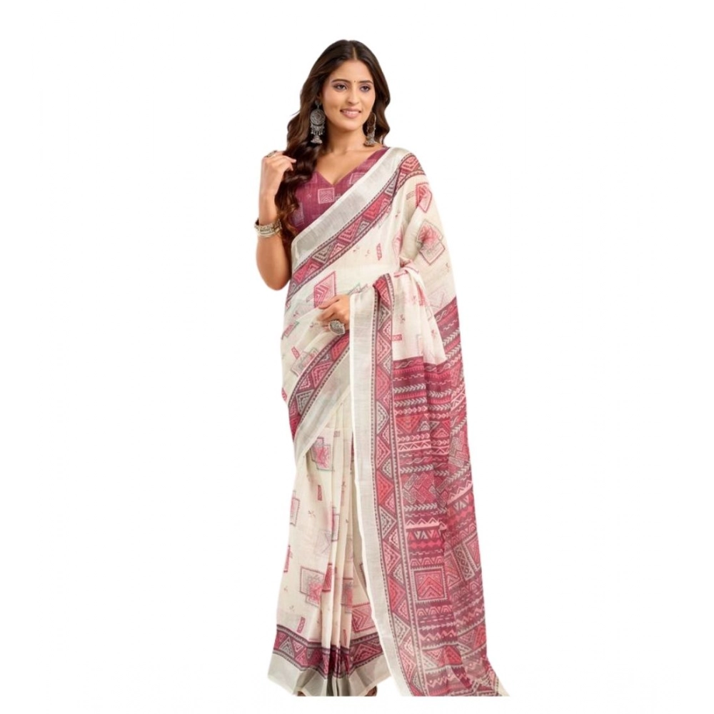 Women's Linen Cotton Printed Ready To Wear Saree With Unstitched Blouse 5.5 Mtr (Off_White) Women's Linen Cotton Printed Ready To Wear Saree With Unstitched Blouse 5.5 Mtr (Off_White)