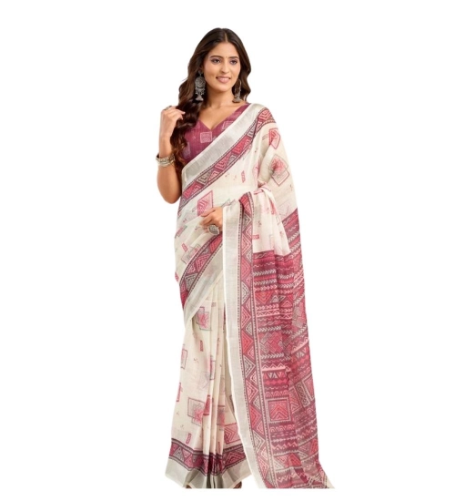 Women's Linen Cotton Printed Ready To Wear Saree With Unstitched Blouse 5.5 Mtr (Off_White)