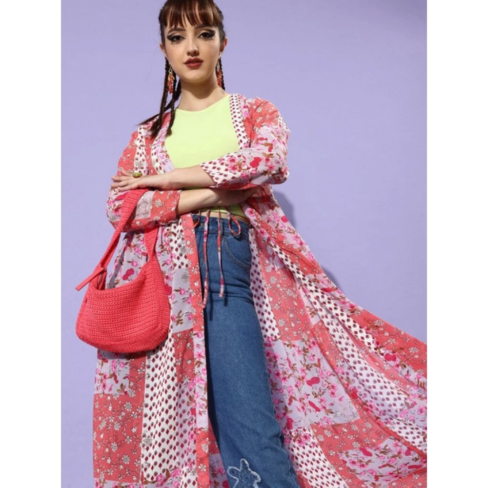 Women's Polyester Floral Long Sleeves Shrug (Pink-Coral)