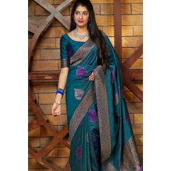Women's Litchi silk Printed Saree With Unstitched Blouse (Rama Blue)