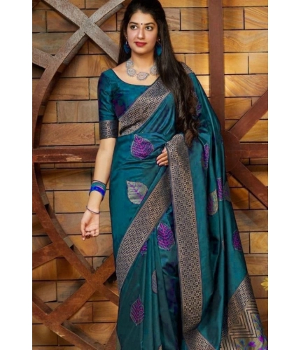 Women's Litchi silk Printed Saree With Unstitched Blouse (Rama Blue)