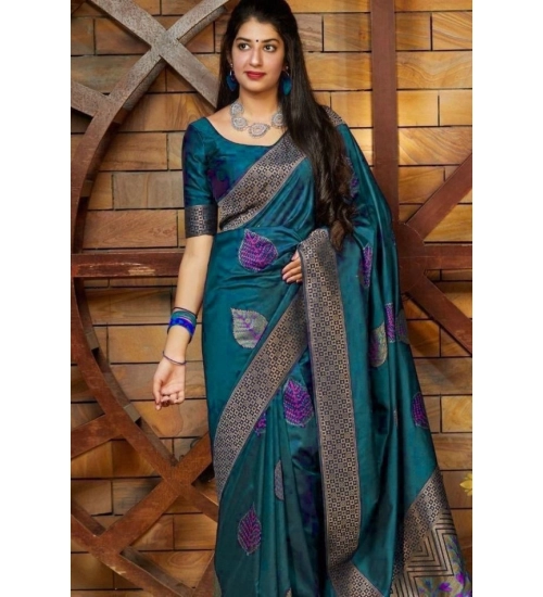 Women's Litchi silk Printed Saree With Unstitched Blouse (Rama Blue)