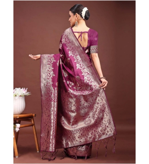 Women's Banarasi Silk Printed Saree With Unstitched Blouse 5.5Mtr (Purple)