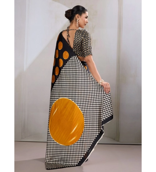 Women's Satin Crepe Printed Saree With Unstitched Blouse 5.5Mtr (Mustard)