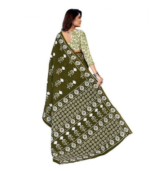 Women's Soft Pure Cotton Printed Saree With Unstitched Blouse 5.5Mtr (Mehendi green)