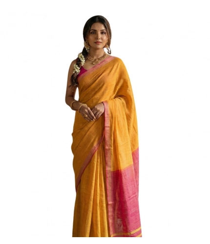 Women's Cotton Printed Saree With Unstitched Blouse 5.5Mtr (Yellow)