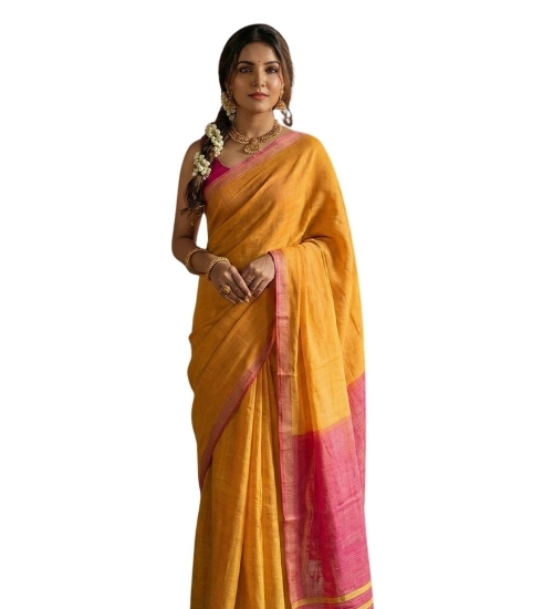 Women's Cotton Printed Saree With Unstitched Blouse 5.5Mtr (Yellow)