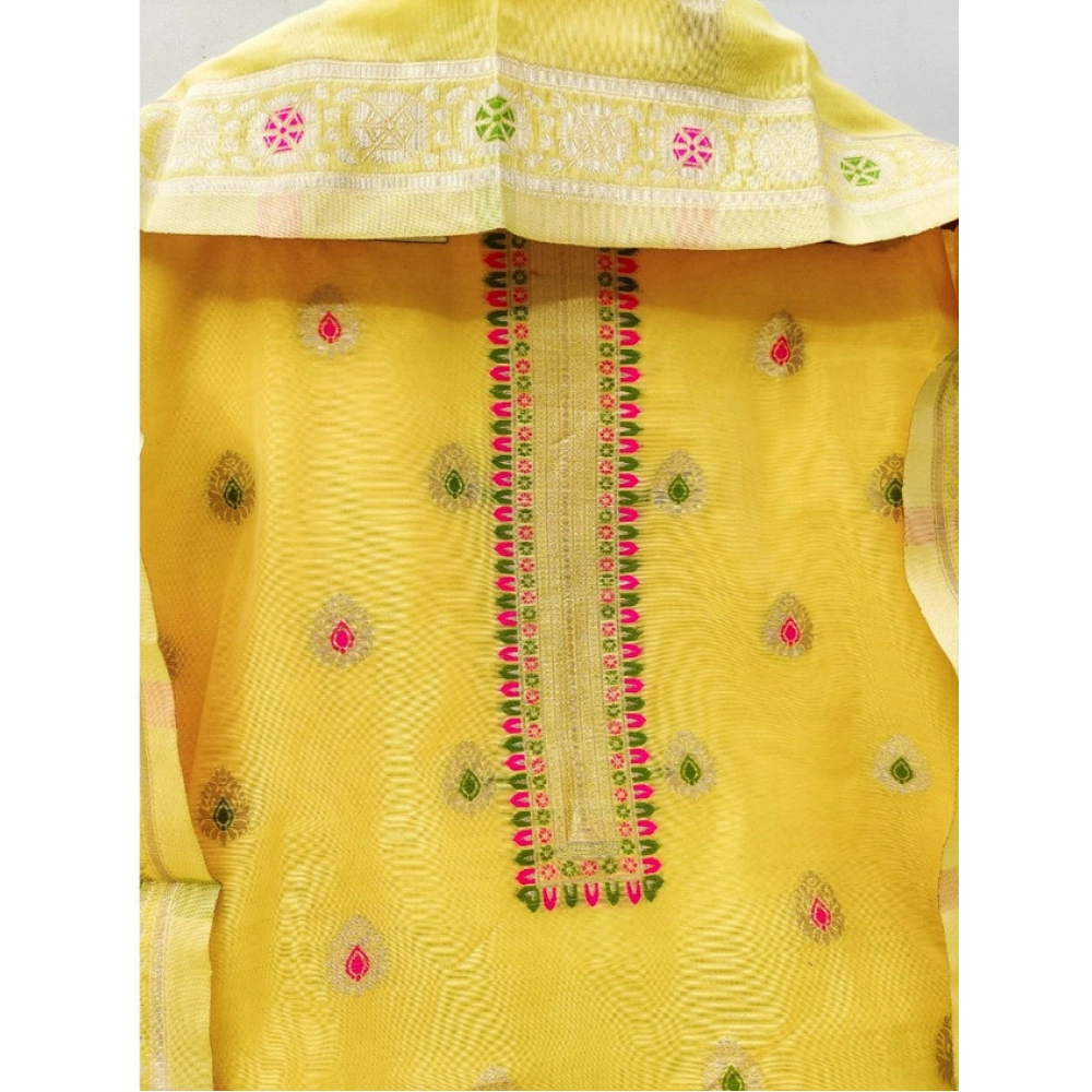 Women's Banarasi Silk Printed Unstitched Salwar Suit Material With Dupatta (Yellow, 3Mtrs)
