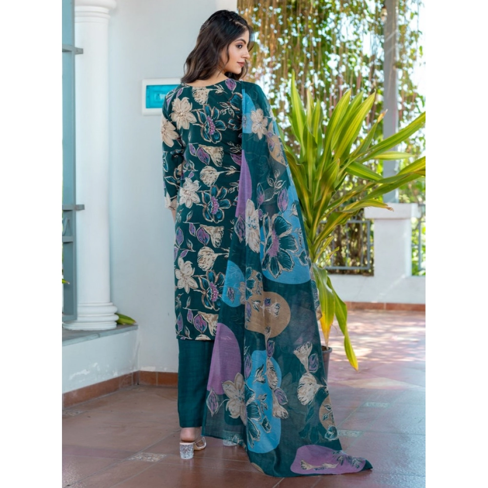 Women's Cotton Blend Printed Kurti With Pant Dupatta Set (Rama) Women's Cotton Blend Printed Kurti With Pant Dupatta Set (Rama)