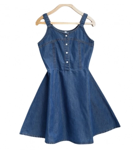 Girl's Denim Printed Short Sleeve Dress with Straps (Blue)