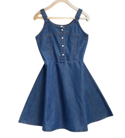 Girl's Denim Printed Short Sleeve Dress with Straps (Blue)
