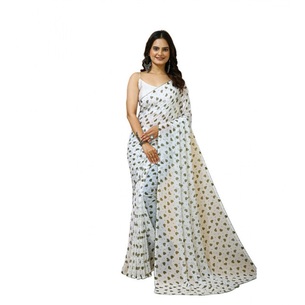 Women's Georgette Printed Saree With Unstitched Blouse 5.5Mtr (White-Grey) Women's Georgette Printed Saree With Unstitched Blouse 5.5Mtr (White-Grey)