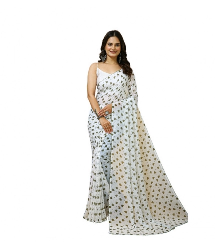 Women's Georgette Printed Saree With Unstitched Blouse 5.5Mtr (White-Grey)
