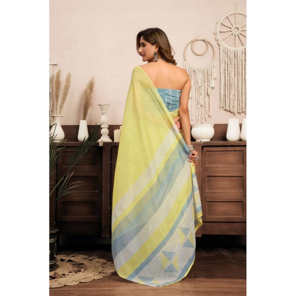 Women's Linen Cotton Printed Ready To Wear With Pocket Saree With Unstitched Blouse 5.5 Mtr (Light_Yellow)