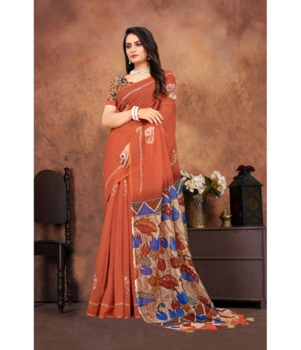Women's Linen Printed Saree With Unstitched Blouse 5.5Mtr (Red) Women's Linen Printed Saree With Unstitched Blouse 5.5Mtr (Red)