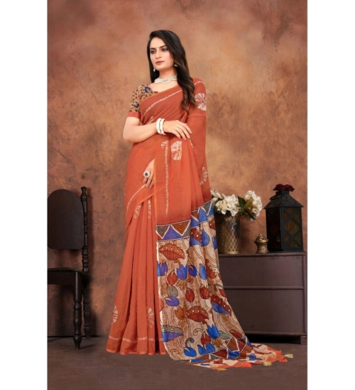 Women's Linen Printed Saree With Unstitched Blouse 5.5Mtr (Red)