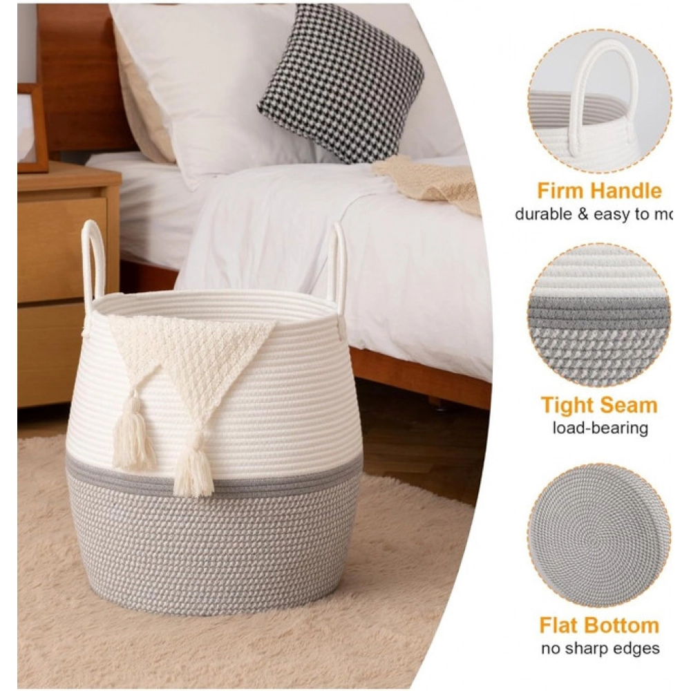 Cotton Matka With Handle 14x12 Inch Storage Basket For Clothes (Gray White)