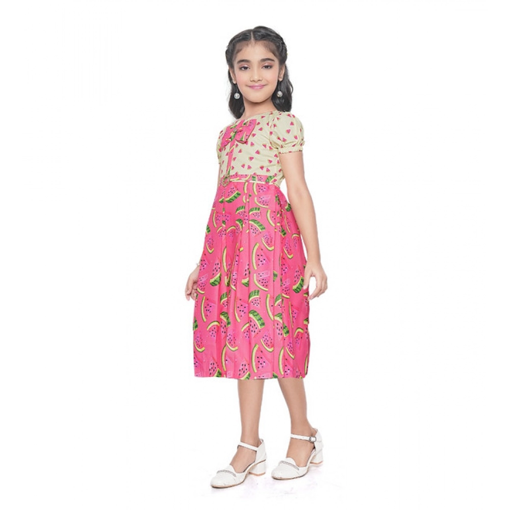 Girl's Twill Printed Short Sleeve Round Neck Dress (Pink) Girl's Twill Printed Short Sleeve Round Neck Dress (Pink)