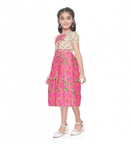 Girl's Twill Printed Short Sleeve Round Neck Dress (Pink)
