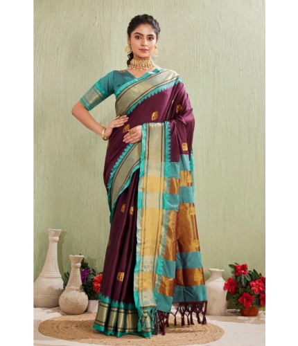 Women's Silk Blended Jaquard Woven Saree With Unstitched Blouse 5.5Mtr (Purple)