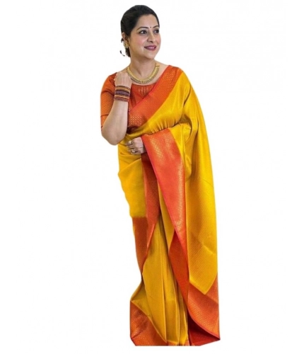 Women's Soft Lichi Silk Printed Saree With Unstitched Blouse 5.5Mtr (Mustard )
