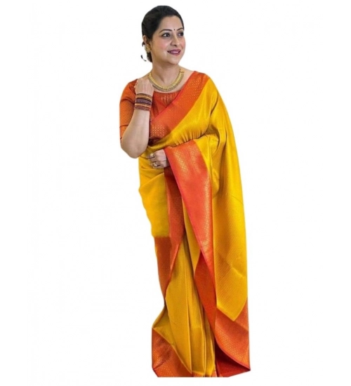 Women's Soft Lichi Silk Printed Saree With Unstitched Blouse 5.5Mtr (Mustard )