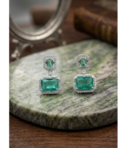 Women's Brass Silver Plated Drop Earrings (Green)