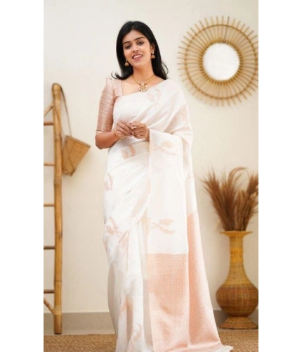 Women's Litchi silk Printed Saree With Unstitched Blouse (White)