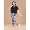 Girl's Cotton Floral Elasticated Jegging and Top Set (Black)