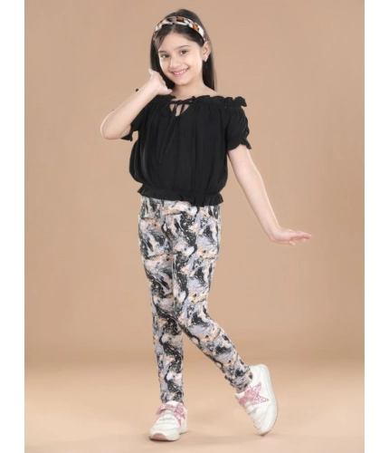 Girl's Cotton Floral Elasticated Jegging and Top Set (Black)
