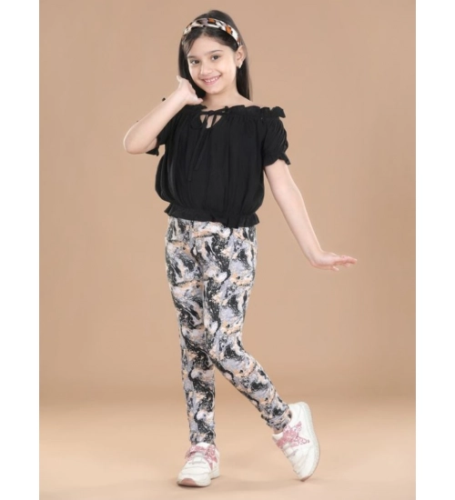Girl's Cotton Floral Elasticated Jegging and Top Set (Black)