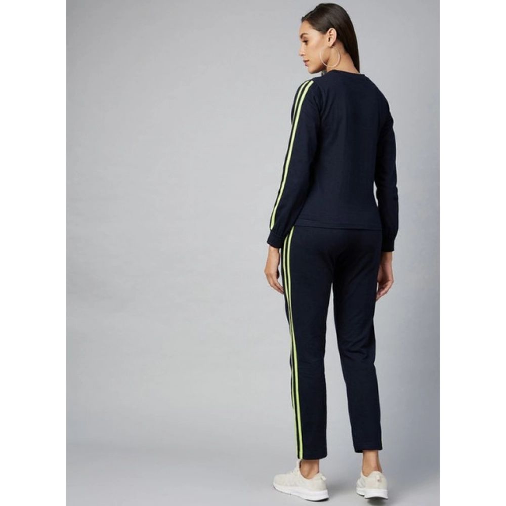 Women's Cotton Solid Long Sleeves Tracksuit (Navy - Green)