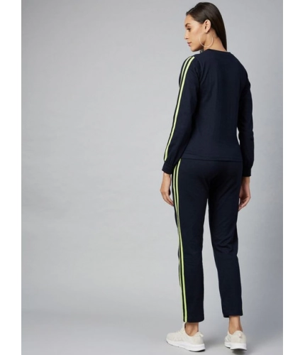 Women's Cotton Solid Long Sleeves Tracksuit (Navy - Green)