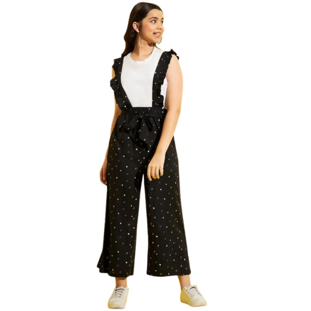 Girl's Cotton Printed Sleeveless Dungaree (Black-White) Girl's Cotton Printed Sleeveless Dungaree (Black-White)