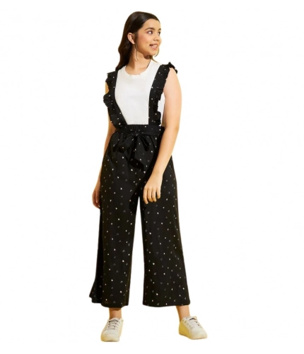 Girl's Cotton Printed Sleeveless Dungaree (Black-White)