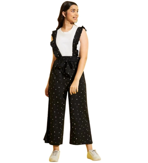 Girl's Cotton Printed Sleeveless Dungaree (Black-White)