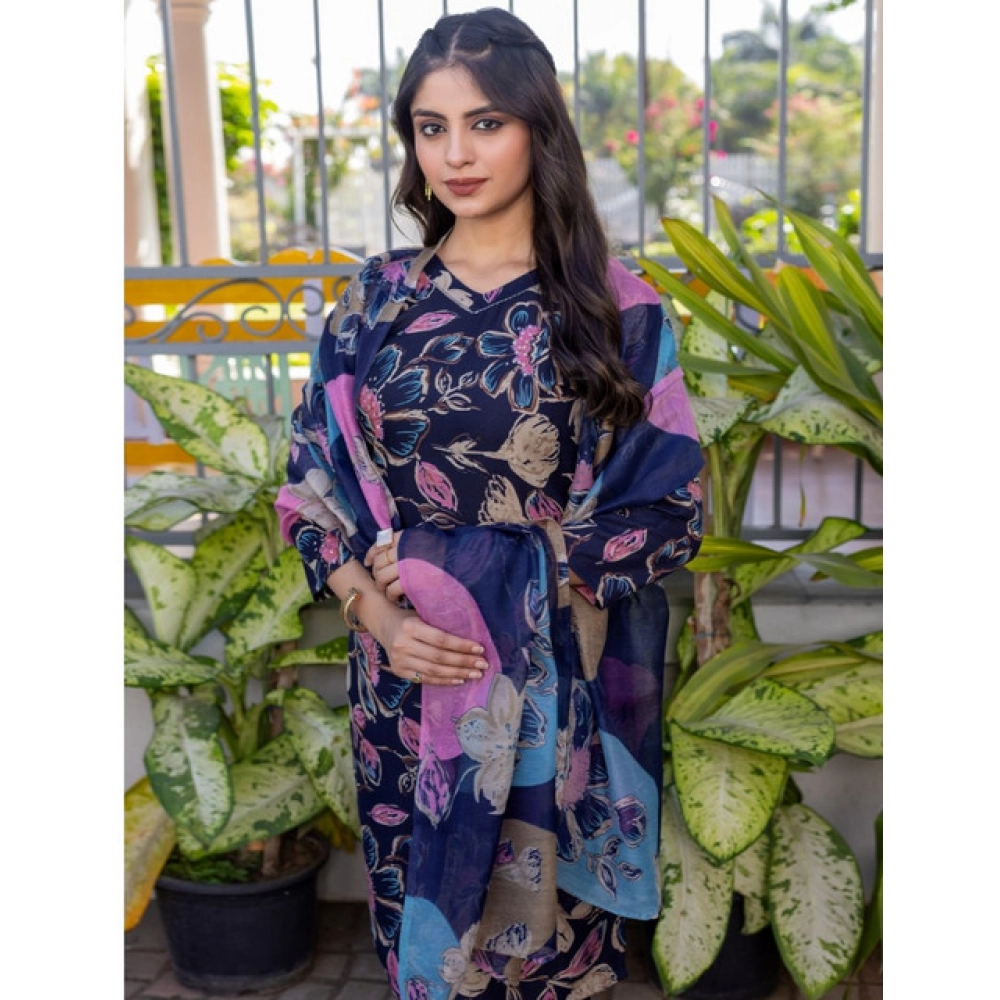 Women's Cotton Blend Printed Kurti With Pant Dupatta Set (NavyBlue) Women's Cotton Blend Printed Kurti With Pant Dupatta Set (NavyBlue)